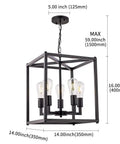 Five Light Black Lantern Pendant Chandelier For Foyer And Dining Room shown with dimensions and bird cage frame