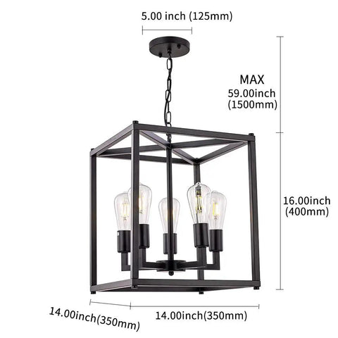 Five Light Black Lantern Pendant Chandelier For Foyer And Dining Room shown with dimensions and bird cage frame