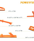 Push Block And Push Stick Set For Table Saw Router Table Band Saw And Jointer Ergonomic Handles Max Grip Kickback Reduction Safer Woodworking Includes Long Hold Down Block Short Hold Down Blocks V Stick And Straight Push Stick 5 Pack displayed with dimensions and orange color.
