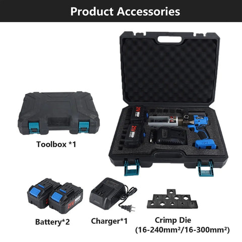 Heavy Duty 21V Cordless Electric Hydraulic Crimping Pliers With 40Ah Battery And Cable Cutter toolbox and accessories, including batteries and charger.