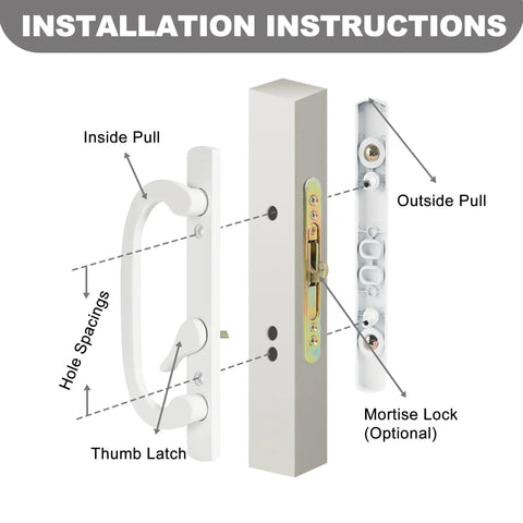 Installation instructions for Drop In Sliding Patio Door Handle Set With Mortise Lock White Zinc Diecast Offset Thumbturn.
