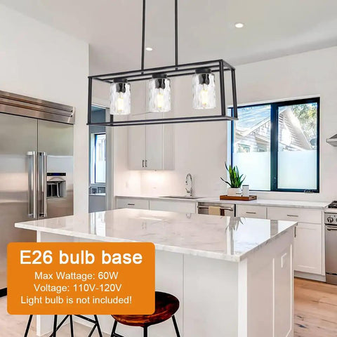 Classic Pendant Lighting For Kitchen Island With Hammered Glass Shades 3 Light Linear Modern Farmhouse Chandelier In Matte Black Finish