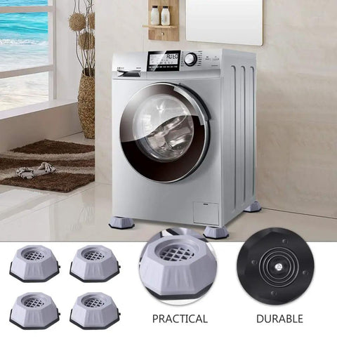 Gray four pack washing machine pads anti slip feet for vibration and noise reduction installed under a washing machine