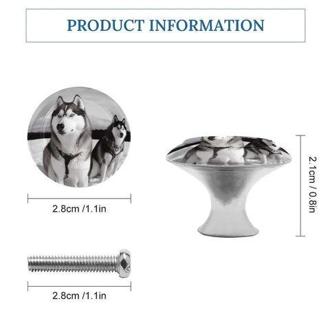 Snowy Husky Dog Round Cabinet Knob Set in Stainless Steel with screws for kitchen cabinets, dressers, closets, and cupboards, modern dope.