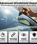 Windshield Crack Repair Kit For Cars And Light Trucks, Quick Fix Glass Repair Liquid used on a cracked car windshield, showing resin application.