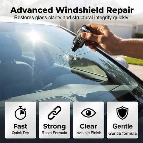 Windshield Crack Repair Kit For Cars And Light Trucks, Quick Fix Glass Repair Liquid used on a cracked car windshield, showing resin application.