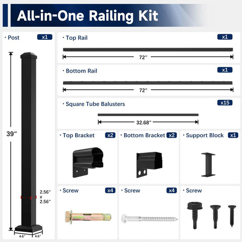 36 Inch Aluminum Deck And Porch Railing Kit With 6 Foot Modular Rail System In Bold Black Textured Powder Coat AAMA 2604 Finish Includes One Post And One Panel For Outdoor Decks Porches Balconies And Stairs
