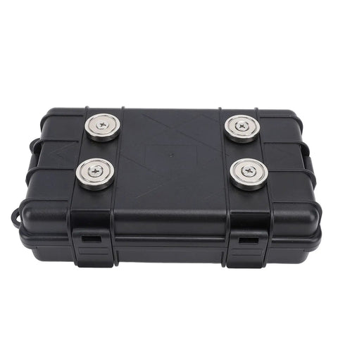 Rugged Weatherproof Magnetic Storage Box With Heavy Duty Mount And Secure Locking for cars, trucks, and RVs, showing magnets