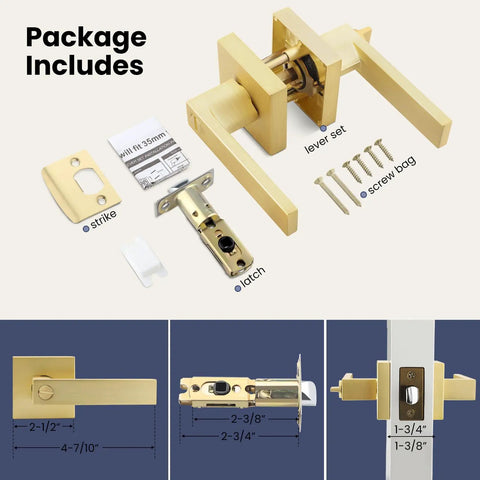 2 Pack Satin Brass Privacy Door Levers With Square Knobs Bed Bath Lockset Gold Finish Universal Handing Keyless Privacy Lever