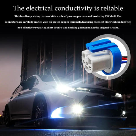 Universal 9007 9004 HB1 HB5 High Temperature Ceramic Pigtail Plug Male Wire Harness Three Pin Connector Replacement For Car Fog Light Socket Stress Free Rig Setup, showcasing connectors and car headlights.