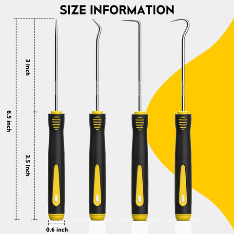 4 Piece Hook And Pick Set For Automotive And Home Repairs With Ergonomic Handles, Shop Grade Quality, Handy For Tackling Tight Spots, Includes Straight Pick Full Hook 90 Degree Hook And 135 Degree Hook, Great For O Ring Tasks; 6.5 in size