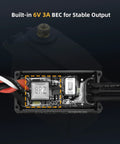 Close-up of Waterproof Brushless ANT ESC With 50A Continuous And 100A Peak, showing built-in 6V 3A BEC for RC crawler cars.