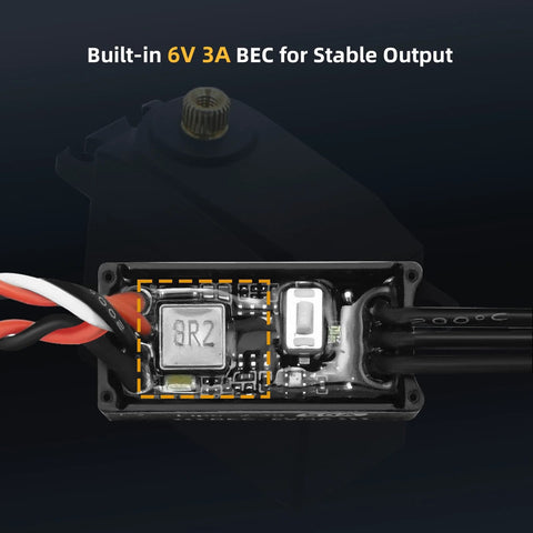 Close-up of Waterproof Brushless ANT ESC With 50A Continuous And 100A Peak, showing built-in 6V 3A BEC for RC crawler cars.