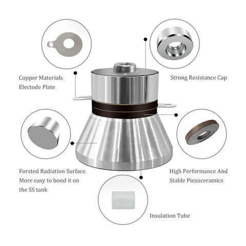 Top Shelf 40KHz 60W Ultrasonic Transducer Rock Solid Generator For Industrial Cleaners Piezoelectric Module design details including copper and piezoceramic components.
