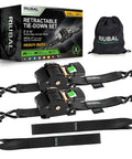 Badass Slick Retractable Ratchet Tie Down Straps For Pickup And Atv Heavy Duty 2 Inch By 15 Foot Auto Self Retracting Cargo Lashing Gear in a set with storage bag.
