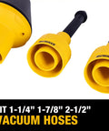 Must Have Conduit Line Puller Attachment Kit For Wet Dry Vacuum Accessories Featuring Flexible Rubber Seals That Lock Tight Boxes And Make Wiring Runs A Breeze For Electricians Crushing Daily Tasks with yellow vacuum hose adapters fitting 1-1/4, 1-7/8, and 2-1/2 inch sizes.