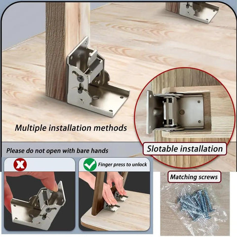 Two Pack 90 Degree Self Locking Folding Hinge Steel Foldable Bracket Hidden Hinge installed on wooden table leg with matching screws