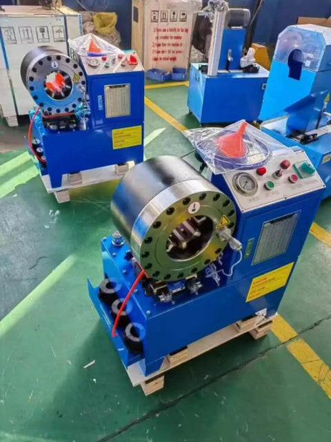 Tough As Nails Electric Hose Crimper And Hydraulic Pipe Press With Forged Steel Head 3600Kn Force 10 Die Sets 220V Power Professional Workhorse For Job Site Setup in a workshop setting.