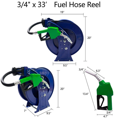 Auto Rewind Fuel Hose Reel Three Quarters Inch By Thirty-Three Feet With Diesel Nozzle And Swivel, shown with dimensions.