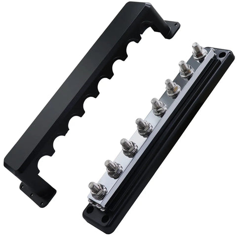 Heavy Duty 600A Battery Busbar 12 To 48V DC Power Distribution Block with nickel plated copper and M10 terminal studs.