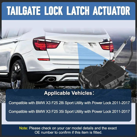 BMW X3 F25 28I Liftgate Lock Actuator Replacement with rear view of SUV and actuator component