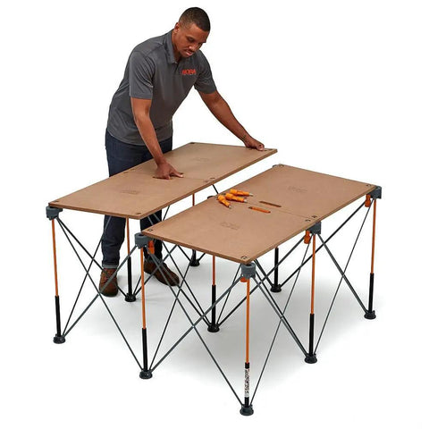 Person setting up Centipede Folding Table Top For Portable Work Stand Saw Horses, 24 Inch By 48 Inch Wood Top With 6 Quick Twist Locks.