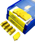 Get This Heavy Duty Indexable Carbide Lathe Tool For Steel And Stainless Cutting Tasks With Sharp Grooving Blade That Delivers Rock Hard Performance And Top Tier Wear Resistance For Your Machine Shop Grind. Yellow carbide inserts in a plastic case.