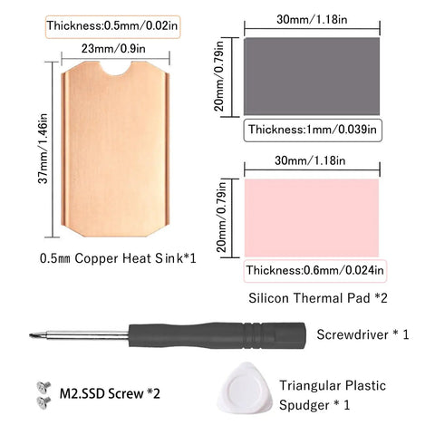 Pure Copper M.2 2242 SSD Heatsink Cooling Kit For NVMe Drive, 0.5mm copper plate with silicone pads and tools included.