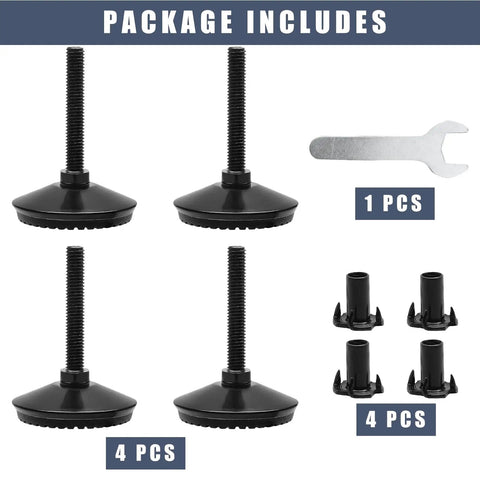 4 Pack M8 Furniture Levelers Adjustable Feet For Tables, Sofas, Cabinets, Workbenches Plus Heavy Duty Stabilizers, T Nuts, Wrench