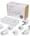Eight International Adapters Travel Charging Station With Surge Protector And Four Smart USB Ports next to packaging