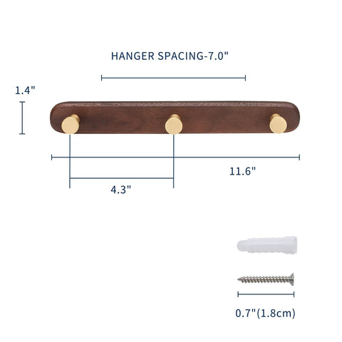 Tough Brass Wall Hooks Slick Multi Rack For Bathroom And Kitchen Heavy Duty Coat Hangers Hangin Steady, 3-hook wood rack, 11.6" x 4.3" size.