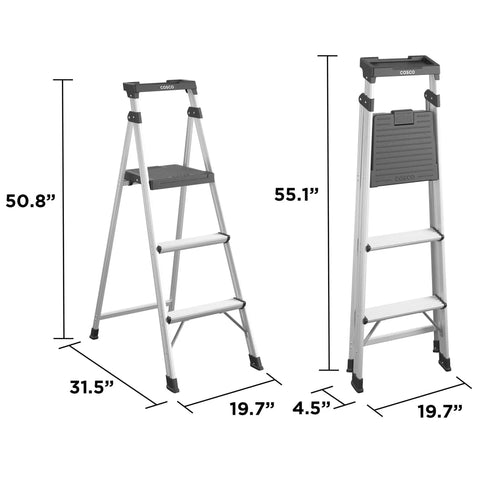 3 Step Lightweight Aluminum Folding Step Ladder With Non Marring Leg Tips Slip Resistant Platform ANSI Rated 225 Lbs Super Light Folds Flat For Quick Storage At Home Or Garage, 50.8 in open