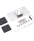 3 Hole Laydown License Plate Mount Bracket For Harley Davidson 1973 Up Bikes Chrome Angled Mount With Backing Plate Vibration Dampening Spacers And All Mounting Hardware Included, showing metal bracket, rubber spacers, and hardware.