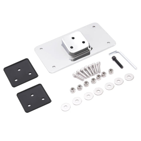 3 Hole Laydown License Plate Mount Bracket For Harley Davidson 1973 Up Bikes Chrome Angled Mount With Backing Plate Vibration Dampening Spacers And All Mounting Hardware Included, showing metal bracket, rubber spacers, and hardware.