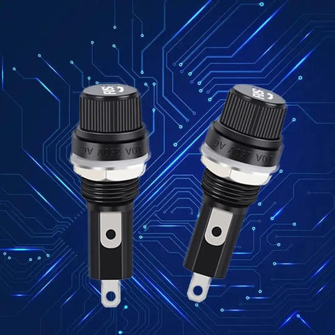 Twenty Panel Mount Fuse Holders With Quick Release Screw Caps Designed For 6X30 Blade Fuses with dual voltage ratings, black finish.