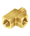 Brass Street Tee Three Way NPT Pipe Fitting Adapter with one quarter inch female ends and one quarter inch male end, front view