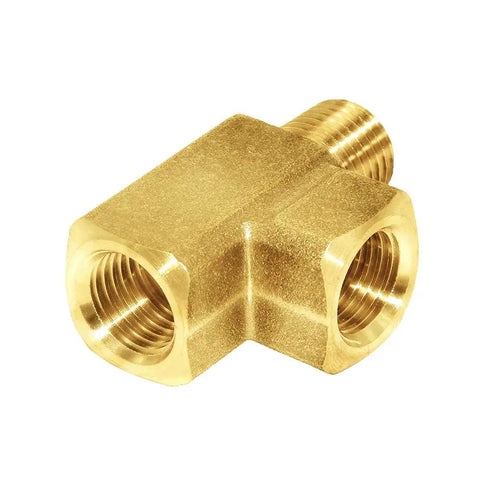 Brass Street Tee Three Way NPT Pipe Fitting Adapter with one quarter inch female ends and one quarter inch male end, front view