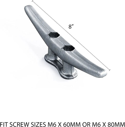 Top Shelf 8 Inch Galvanized Cast Iron Boat Dock Cleat for heavy duty marine tie downs, featuring M6 screw fit for secure installation.