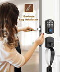 Woman installing Fingerprint Door Lock Set With Keyless Entry Knob And Lever Handle, Matte Black Electronic Keypad Deadbolt