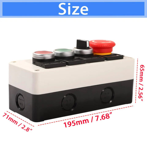 Must Have Push Button Control Station With Emergency Stop Mushroom Latching, 22mm Panel Mount, size dimensions