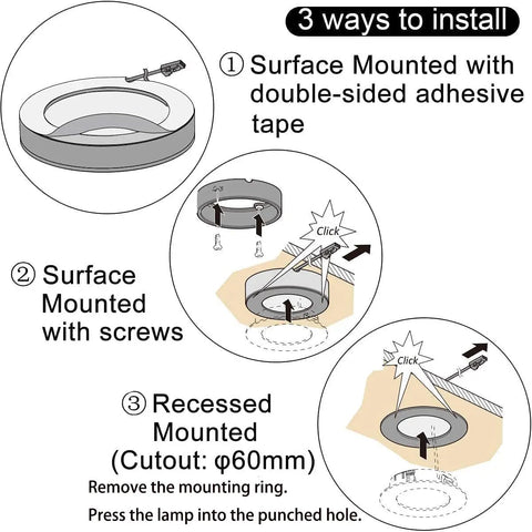 Diagram of 3 installation methods for Under Cabinet Lighting Kit Plug In With Touch Dimmer, Slim Recessed Or Surface Mount Black Puck Lights.
