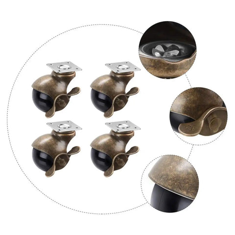 Four Pack Premium Vintage Brass Furniture Casters Featuring Badass Smooth Rolling Universal Swivel Wheels for easy cabinet movement.