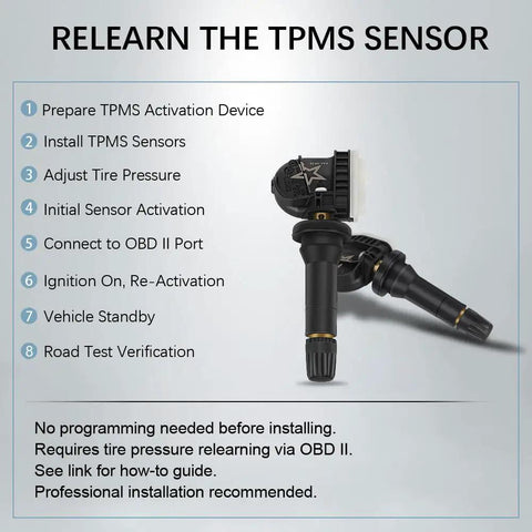 GM TPMS Sensors 315MHz 4 Pack For Chevy Silverado GMC Sierra No Drama Install Tire Pressure Monitoring System Replacement Plug And Play OE Fit showing relearn steps