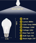 Motion Activated A19 LED Dusk To Dawn Light Bulbs, 5000K Daylight, Indoor Outdoor 8.8W 60W Equivalent, 800 Lumens, Lights Up Porch Garage Hallway On Motion, 2 Pack, A19 E26 bulb, 4.6in x 2.4in
