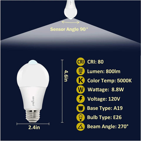 Motion Activated A19 LED Dusk To Dawn Light Bulbs, 5000K Daylight, Indoor Outdoor 8.8W 60W Equivalent, 800 Lumens, Lights Up Porch Garage Hallway On Motion, 2 Pack, A19 E26 bulb, 4.6in x 2.4in