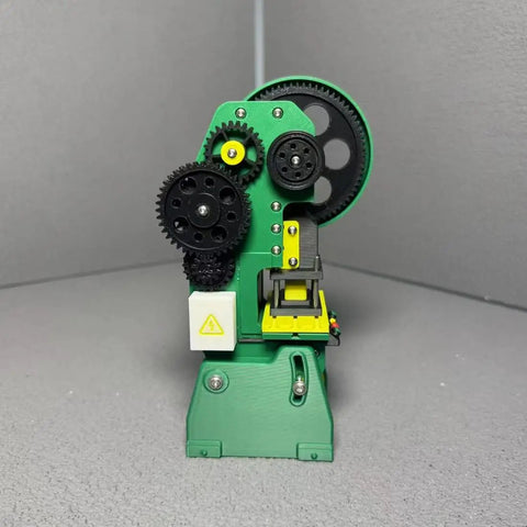 Dope 3D Printed Electric Punch Press Model With Motorized Gear Drive, Compact Plastic Build, Fully Assembled, Stainless Steel Screws, Integrated Control Module, Stable Base, USB Powered, 7x7x18cm front view