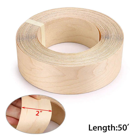 Maple Wood Veneer Edge Banding, 2 Inch By 50 Foot Roll, Preglued Iron On Edgebanding With Hot Melt Adhesive roll, close-up of width.