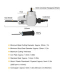 Diagram of All In One Heavy Duty Dual Head Nibbler And Cutter Drill Attachment with dimensions and hexagonal shank, includes wrench.