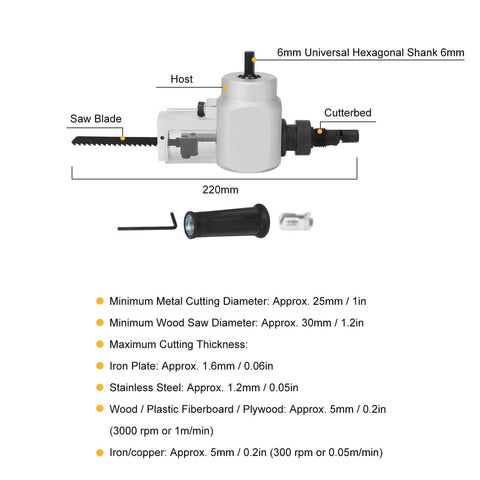 Diagram of All In One Heavy Duty Dual Head Nibbler And Cutter Drill Attachment with dimensions and hexagonal shank, includes wrench.