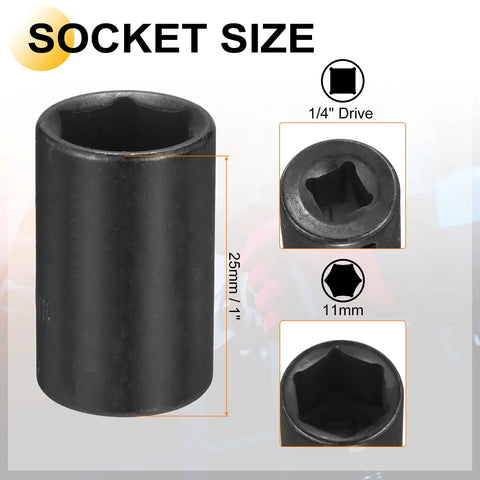Durable 11mm Metric Shallow Socket With 6-Point Impact Design And Deep Chrome Vanadium Build Plus 1/4 To 2 Inch Hex Adapter Set For Tight Spots, 1/4 drive